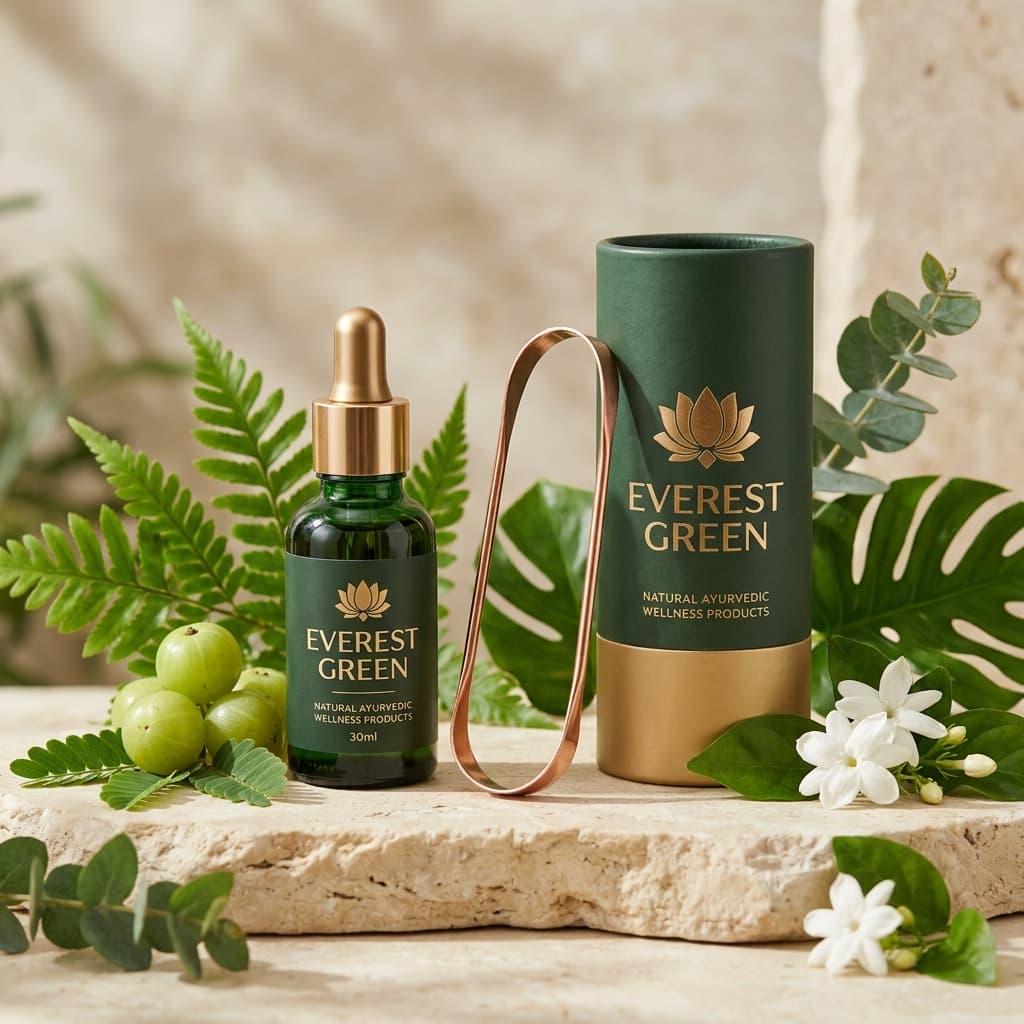 Everest Green Ayurvedic products — hair oil, copper tools and natural botanicals